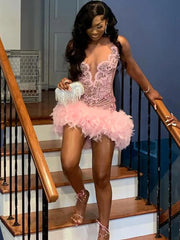 Luxury Feathers Sheer Neck Rhinestone Birthday Dress