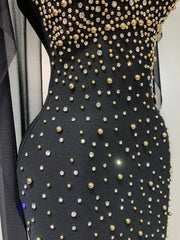 Demi luxury beaded strapless bandage bodycon dress with mesh scarf