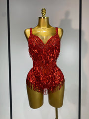 Anne sparkly rhinestones sequins tassel see through bodysuit