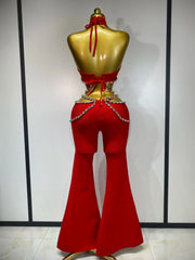 Stand out in the Meghan red rhinestone cut-out bandage pants set. Sexy two-piece outfit for birthdays, parties, clubs, and special occasions.
