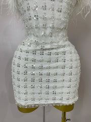  Carmina white feather sequin strapless bodycon mini dress. Perfect for birthdays, bridal parties, cocktails, and special events.