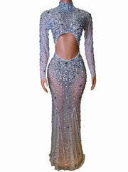 Carmela Sexy Full Rhinestone Mesh Sheer Long Sleeve Bodycon Dress