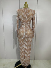 Jennifer luxury pearl beading chain long sleeve bodycon maxi dress for evening and party events.