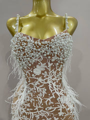 sparkly beaded feather pearl halter bodycon long dress, perfect for prom, red carpet, evening parties, and birthdays.