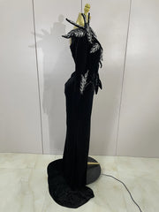 Shiny diamond velvet side slit long dress with gloves – elegant women’s evening gown for birthday, banquet, nightclub, and stage hosting.