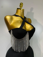 Thalia sexy diamond tassel crystal black bandage midi dress for birthday and cocktail party styling