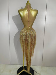 Vonda sparkly rhinestone and pearl tassel mesh see-through dress for evening parties, birthdays, or club events.