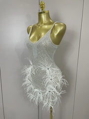 Simone sparkling diamond feather halter sequin mini dress for nightclub and birthday styling
