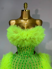 Luxury rhinestone strapless two-piece outfit with sparkly crop top and skirt for party or stage wear.