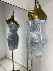 Eisa sequin rhinestone mesh bodycon mini dress for women. Sexy sparkly outfit for birthdays, nightlife, and photoshoots.