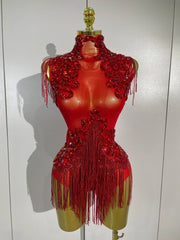 Sparkly rhinestone sequin tassel mesh stretch bodysuit for women’s party, birthday, and stage wear.