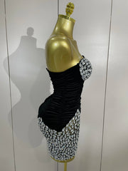 Tamar black velvet short dress with sparkly diamonds and mesh overlay for women’s evening, birthday, or stage events.