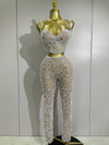 Shine in the Diane rhinestone lace halter top and wide-leg pants set. Elegant two-piece outfit for parties, birthdays, and special occasions.
