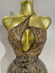 Maya sparkly rhinestones mirror mesh mini dress, sexy hollow-out luxury women’s party outfit 2025.
