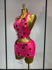 Stacey sequin chain two piece mini dress set for women. Sexy sparkly outfit for birthdays, nightlife, and stage wear.