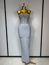 Jasmine strapless grey bandage dress with beading details and backless design for evening parties.