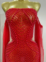 Makayla sparkly rhinestone pearl strapless mesh dress with rhinestone and pearl details for women.