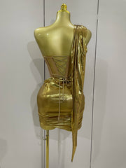 Gold sexy one shoulder mesh short skirt party dress for women.