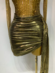 Yen long sleeve sheer mesh mini dress featuring sparkling rhinestone embellishments for a glamorous party look