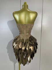 Shai strapless sheer mesh mini dress with sparkling rhinestone leaf embellishments