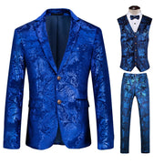 Luxury men’s 3-piece floral print suit with blazer, vest, and trousers for formal or wedding wear