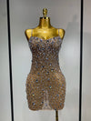 Cassandra sleeveless rhinestone bodycon mini dress for women. Sexy sparkly outfit for birthdays, nightlife, and stage wear.