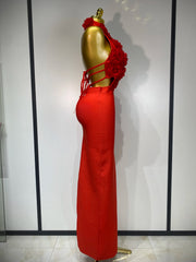 Alana Red Halter Hollow Out Flower Bodycon Bandage Dress with backless design, floral cutouts, and slim fit.