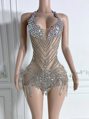 Sparkly Silver Crystals Sexy Halter Birthday Dress
