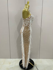 sparkly beaded feather pearl halter bodycon long dress, perfect for prom, red carpet, evening parties, and birthdays.