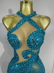 Zuri sleeveless transparent mesh long dress with intricate diamond and sequin patterns for a sparkly luxury evening look.