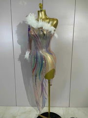 Wendy Sparkly Rhinestone Feather One-Shoulder See-Through Dress for Women