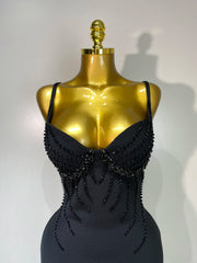Marley women’s beaded spaghetti strap bodycon bandage dress for club, birthday, or wedding guest events.