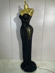 Envious Designs Candice sexy black strapless mesh see-through long dress with luxury sparkly diamonds for evening gala styling