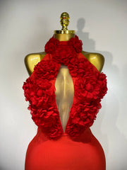 Alana Red Halter Hollow Out Flower Bodycon Bandage Dress with backless design, floral cutouts, and slim fit.