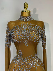 Colette sparkly brown rhinestone mesh transparent long dress for evening parties and nightclub dancers.