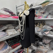 Paulina black long sleeve u neck bodycon mini bandage dress with white flower pearl chain