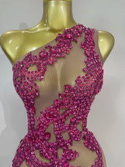 Kelly sexy one shoulder sparkly rhinestone mesh see through mini dress