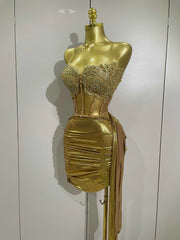 Toni Sparkly Gold Sexy Top Two Pieces Short Skirt Set