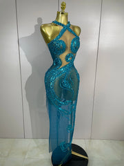 Zuri sleeveless transparent mesh long dress with intricate diamond and sequin patterns for a sparkly luxury evening look.