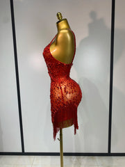Christy rhinestone tassel mini dress featuring sparkling embellishments and a fitted bodycon silhouette