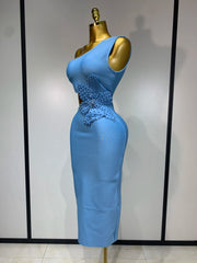 Claire sky blue one shoulder pearl bodycon bandage dress – luxury birthday and evening outfit.