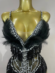 Claire rhinestone feather tassel mesh bodysuit for women. Sexy performance outfit for nightlife, dance, and stage events.
