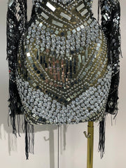 Candice sparkling diamond sequin tassel long sleeve sheer mesh mini dress for women party night out