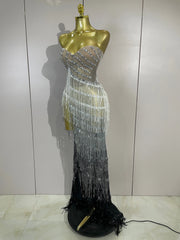 Jini sexy side split diamond pearl tassel mesh see-through long dress for evening gala styling