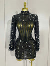 Shiny Sequin Pearl Sexy Black Mesh Long Sleeve Bodycon Mini Dress Women Celebrate Evening Birthday Party Nightclub Stage Costume