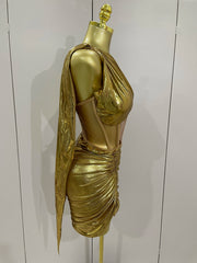 Gold sexy one shoulder mesh short skirt party dress for women.