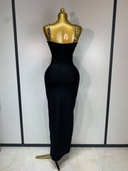 Jada sleeveless square-neck gold sequin bodycon dress with shimmering gold details.