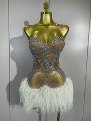 Women Sparkly Diamonds Tassel Sexy Strapless Mesh Sheer Mini Dress Eveing Luxury Birthday Party Singer Nightclub Stage Costume