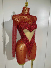Women Red Sparkly Diamonds Sequins Mesh See Through Long Sleeves Mini Dress Eveing Birthday Party Sexy Nightclub Stage Costume