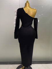 One shoulder floral keyhole bodycon bandage maxi dress.